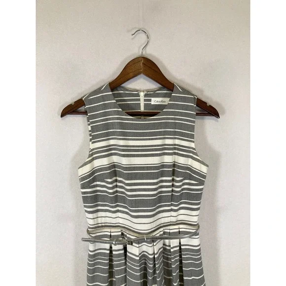 Classic Preppy Calvin Klein Women 6 Grey White Striped Belted Fit Flare Dress - Picture 10 of 12